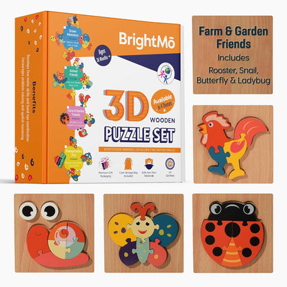 Montessori Wooden 3D Puzzle Set – Educational Wooden Toys for Toddlers (Themes: Ocean, Animals, Transport, Farm & Garden) (Animals)