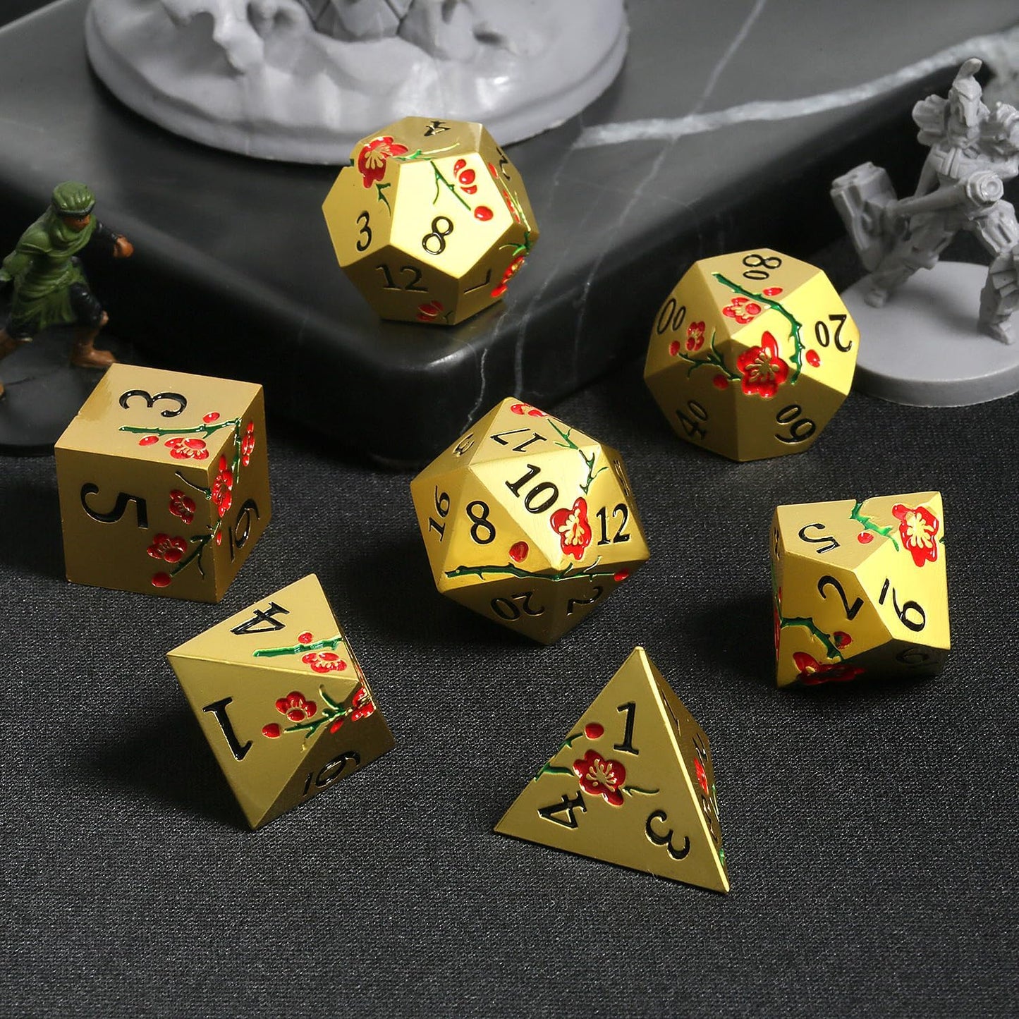 DnDnD Heavy Polyhedral Metal Dice Set with Metal Box, 7-die Shiny Blue Surface with Golden Number for RPG,Dungeons and Dragons,Pathfinder,Shadowrun,D&D,Role Palying Game and Math Teaching - Colors A