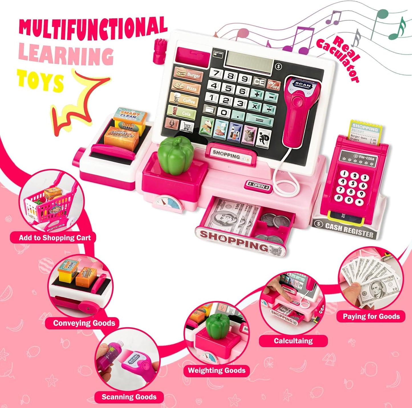 Cash Register for Kids Real Calculator Kids Cash Register with Scanner Toy for 3 4 5 6 7 8 Year Old Boy Pretend Play Store with Music / Food / Shopping Cart Learning Toys Gifts for Boys Ages 4-8