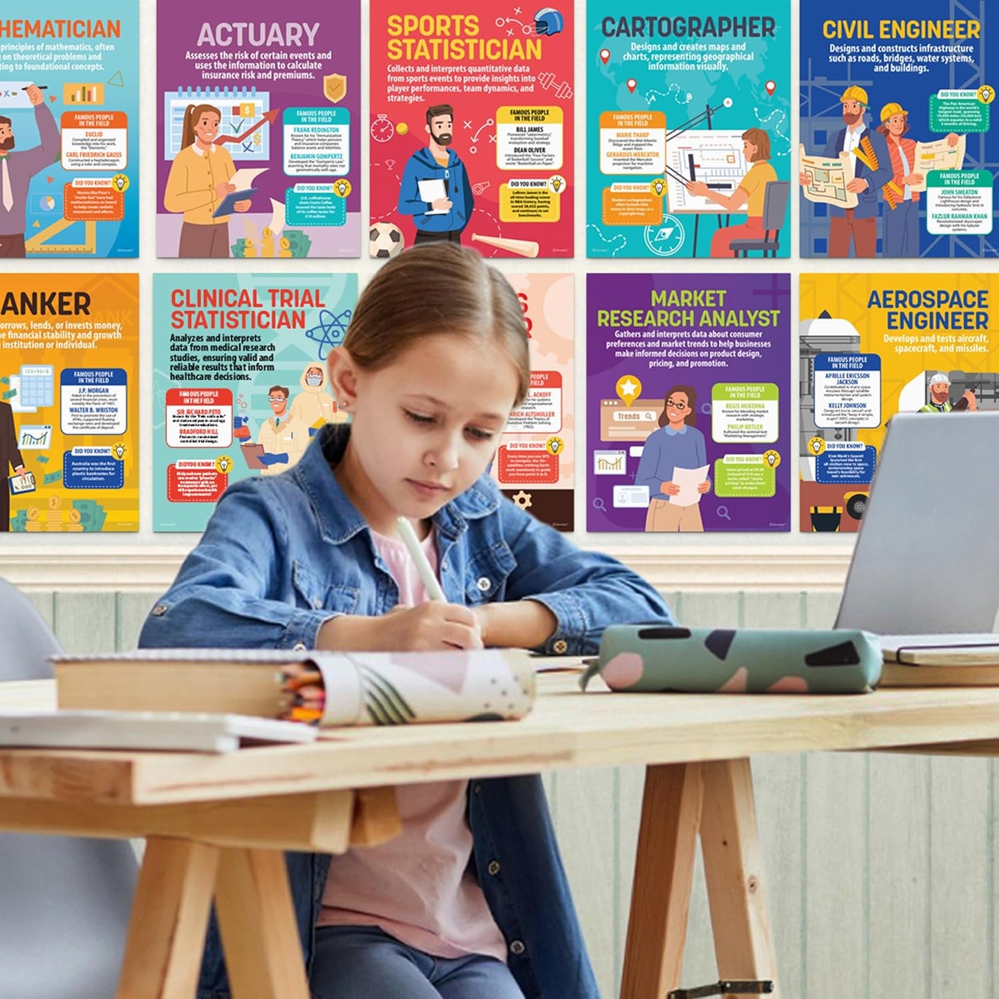 Decorably 15 Math Career Posters for Classroom, 11x14in Educational, Matte-Laminated for High School, Elementary - Hallways, Bulletin Boards, Home Study Room