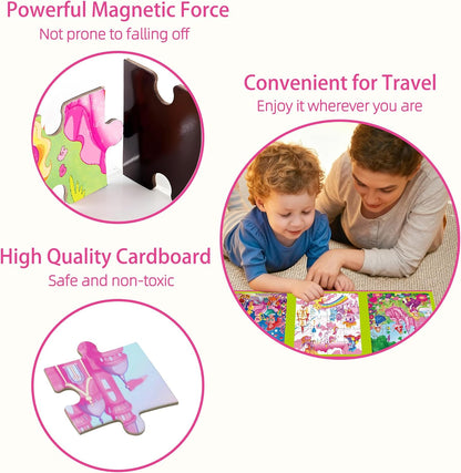 Magnetic Unicorn Mermaid Princess Puzzle for Girls Ages 3-6, 20 Piece Travel Magnetic Puzzle for Toddlers, Car Airplane Road Trip Activity Toy