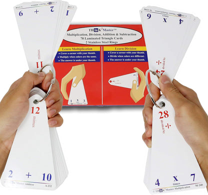 Think2Master Premium Laminated Multiplication Division Addition & Subtraction Triangle Flash Cards | 78 Dry Erasable Flashcards. Includes 2 Rings.