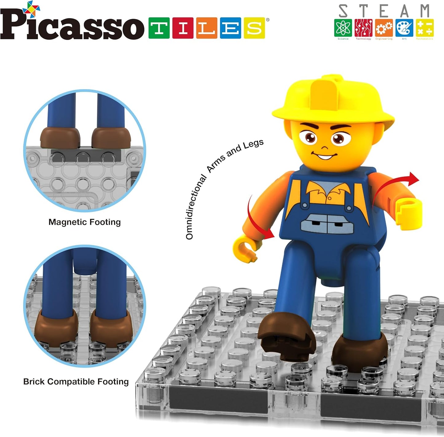 PicassoTiles Magnet Tile Construction Themed Building Blocks 5-in-1 Crane, Ladder, Dump Truck, Excavator, and Backhoe Action Figures, 2 Car Base Vehicles Magnetic Tiles Learning Toys Kids Ages3+ PTU06
