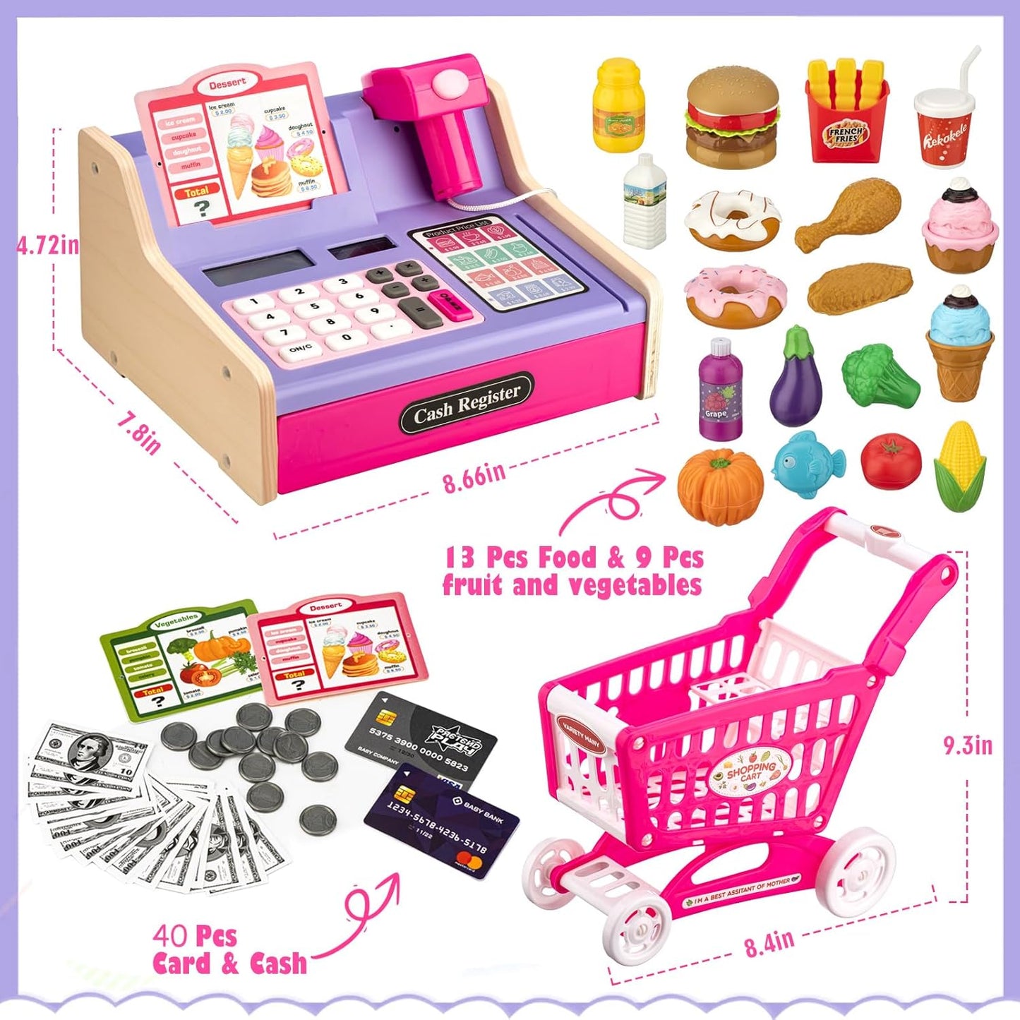 Wooden Cash Register for Kids with Shopping Cart Rechargeable Kid Cash Register with Scanner Gift for Kid Age 3 4 5 6 7 8 9 Year Old Pretend Play for Toddlers Toys for 3-12 Year Old Kids