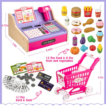 Wooden Cash Register for Kids with Shopping Cart Rechargeable Kid Cash Register with Scanner Gift for Kid Age 3 4 5 6 7 8 9 Year Old Pretend Play for Toddlers Toys for 3-12 Year Old Kids