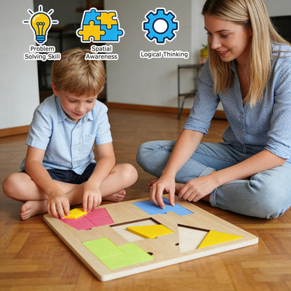 KINGOU 4 in 1 Wooden Tangram Puzzles for Kids Ages 3-8, 8 Play Modes Large Pattern Blocks Logic IQ Game, Montessori STEM Jigsaw Toy for Home & Classroom