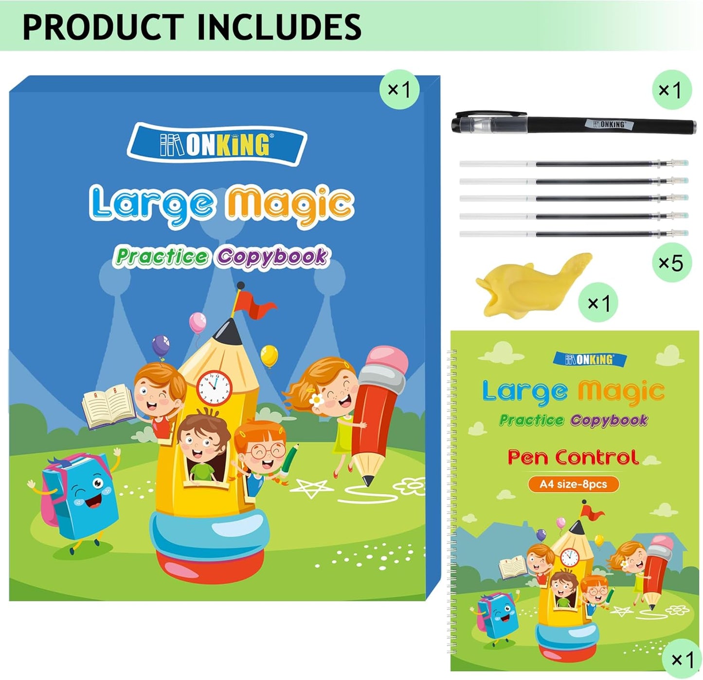 Large Magic Practice Copybook for Kids,Handwriting Grooved Practice Book 6 Pack with Pen Refill English Cursive Calligraphy Reusable Age 3-8（A4 Size）