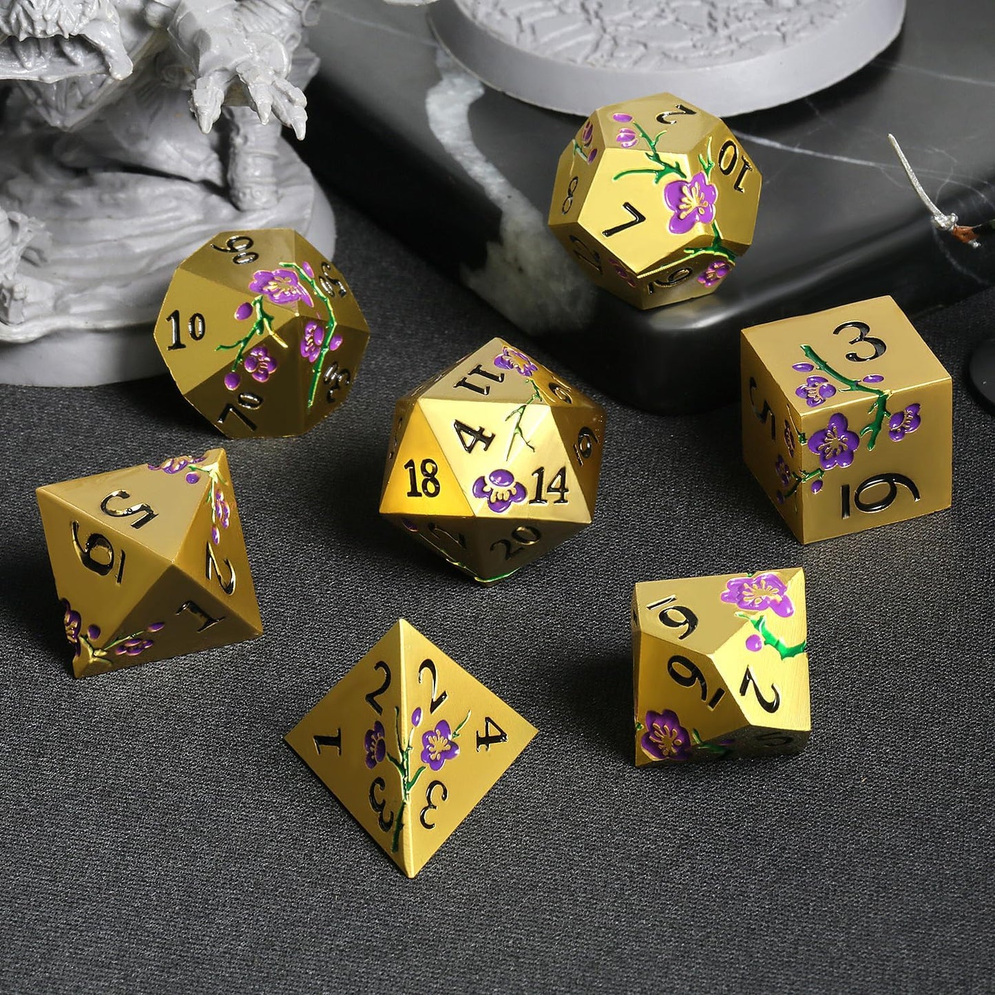 DnDnD Heavy Polyhedral Metal Dice Set with Metal Box, 7-die Shiny Blue Surface with Golden Number for RPG,Dungeons and Dragons,Pathfinder,Shadowrun,D&D,Role Palying Game and Math Teaching - Colors A