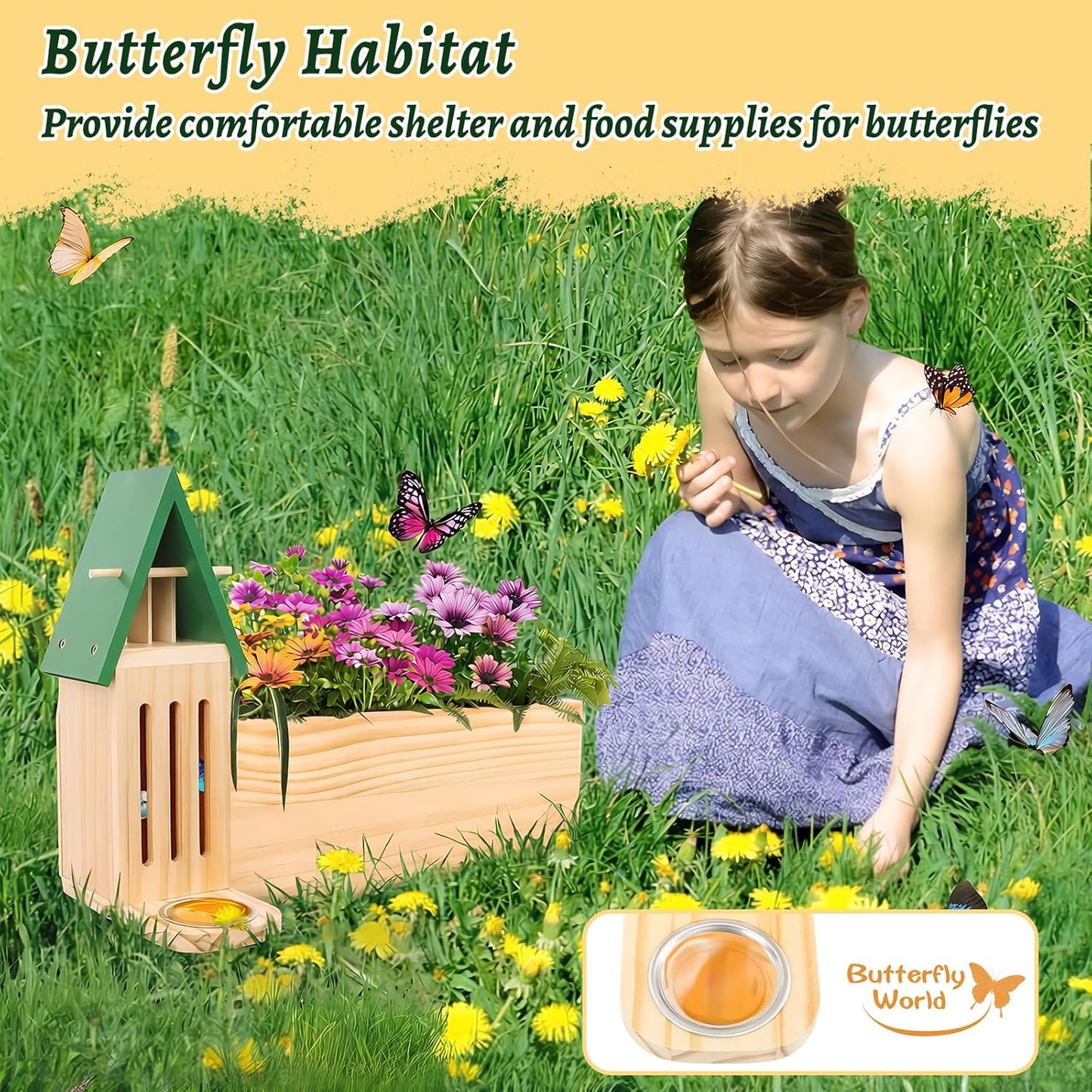 New Butterfly House and Feeder for Outside, Wooden Butterfly House with Metal Stake for Garden, Natural Butterfly Habitat with Butterfly Puddler on The Floor or Hanging on Tree Wall