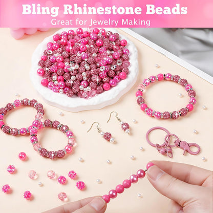 300 Pcs Diamonds Beads for Jewelry Making, Included 10 mm Red Rhinestone Beads for Bracelets, Bubblegum Bead for Pen Making, Pearl and Spacer Bead for Bracelet Necklace Earring Crafting