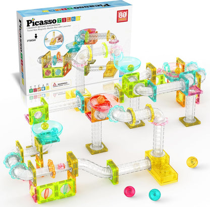 PicassoTiles Marble Run 60 Piece Race Track Magnetic Tiles Magnet Building Block Educational Construction Toy Set Playset STEM Learning Kit Child Brain Development HandEye Coordination Training PTG60