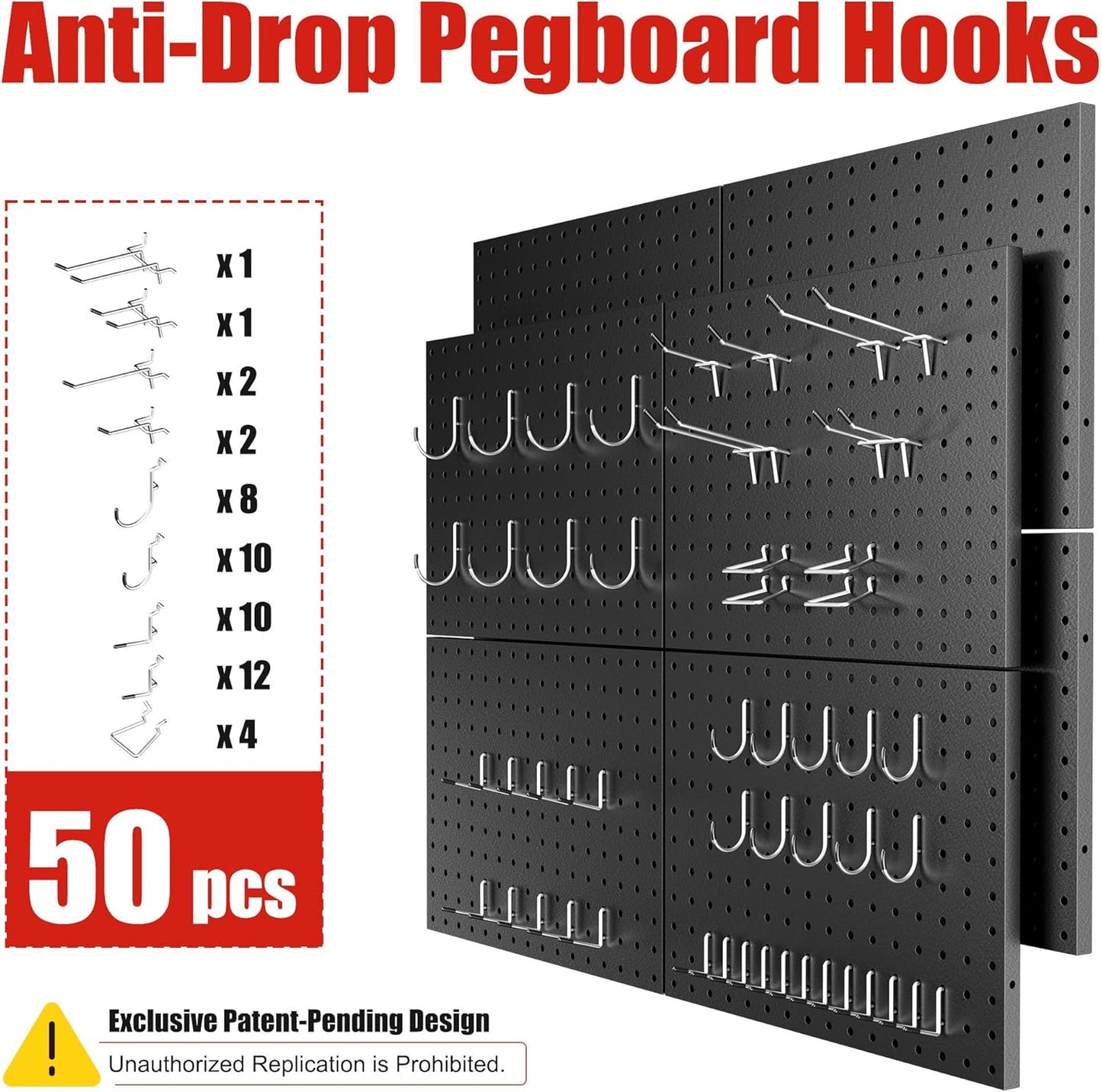 4 Pack Metal Pegboard Panels with 50 Hooks, Black Pegboard Wall Organizer, Pegboard Accessories, Heavy Duty Garage Tool Storage System for Workbench, Workshop, Office, Craft Room