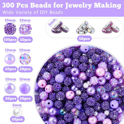 300 Pcs Diamonds Beads for Jewelry Making, Included 10 mm Red Rhinestone Beads for Bracelets, Bubblegum Bead for Pen Making, Pearl and Spacer Bead for Bracelet Necklace Earring Crafting