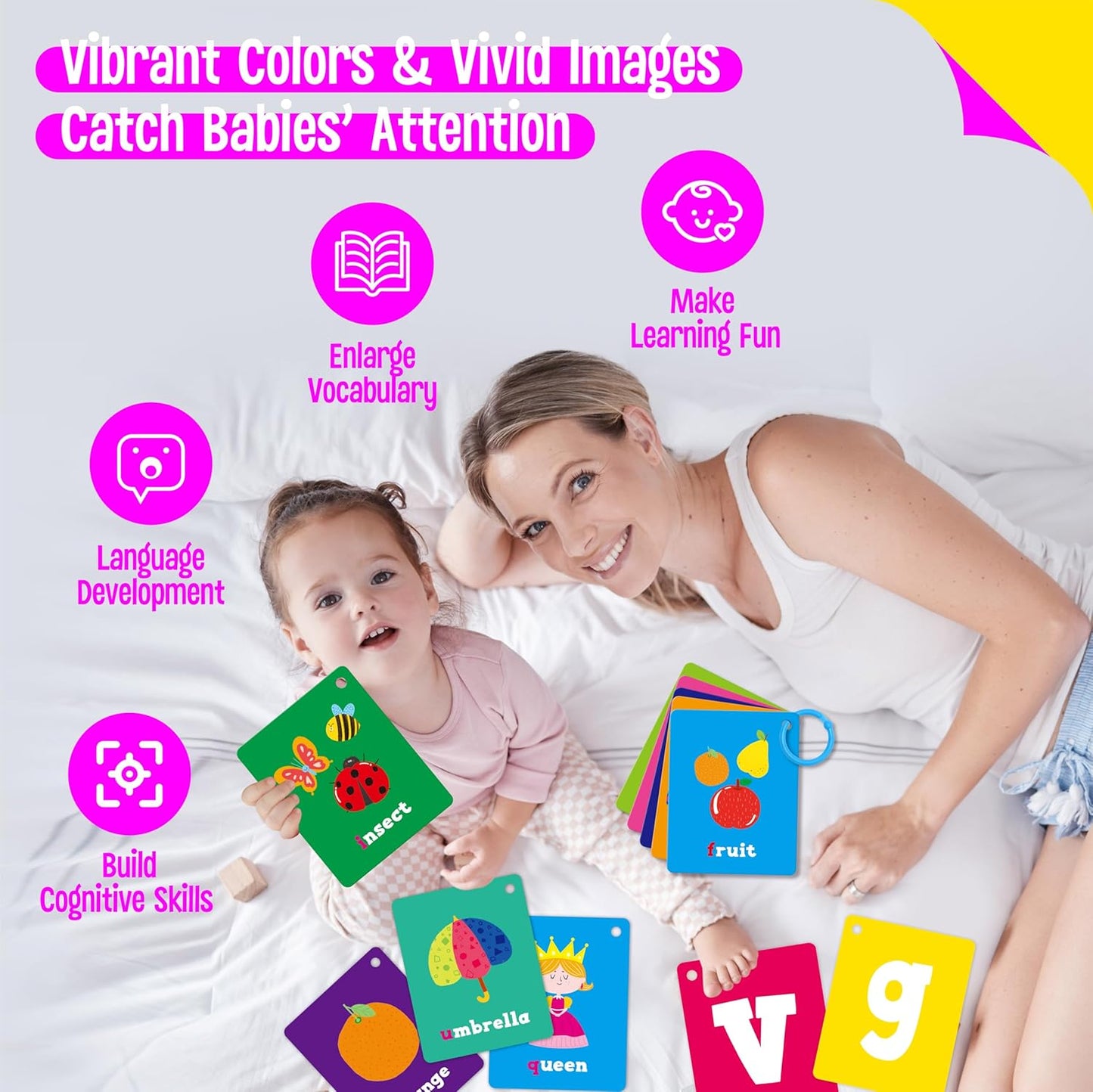 50 PCS Kid First Cognitive Flashcards,Double Sided Printed 7 in 1 Colorful Cards Alphabet,Numbers, Foods,Animals,Shapes,Colors with 3 Reclosable Rings,Learning Tool for Pre-K Kindergarten Toddlers