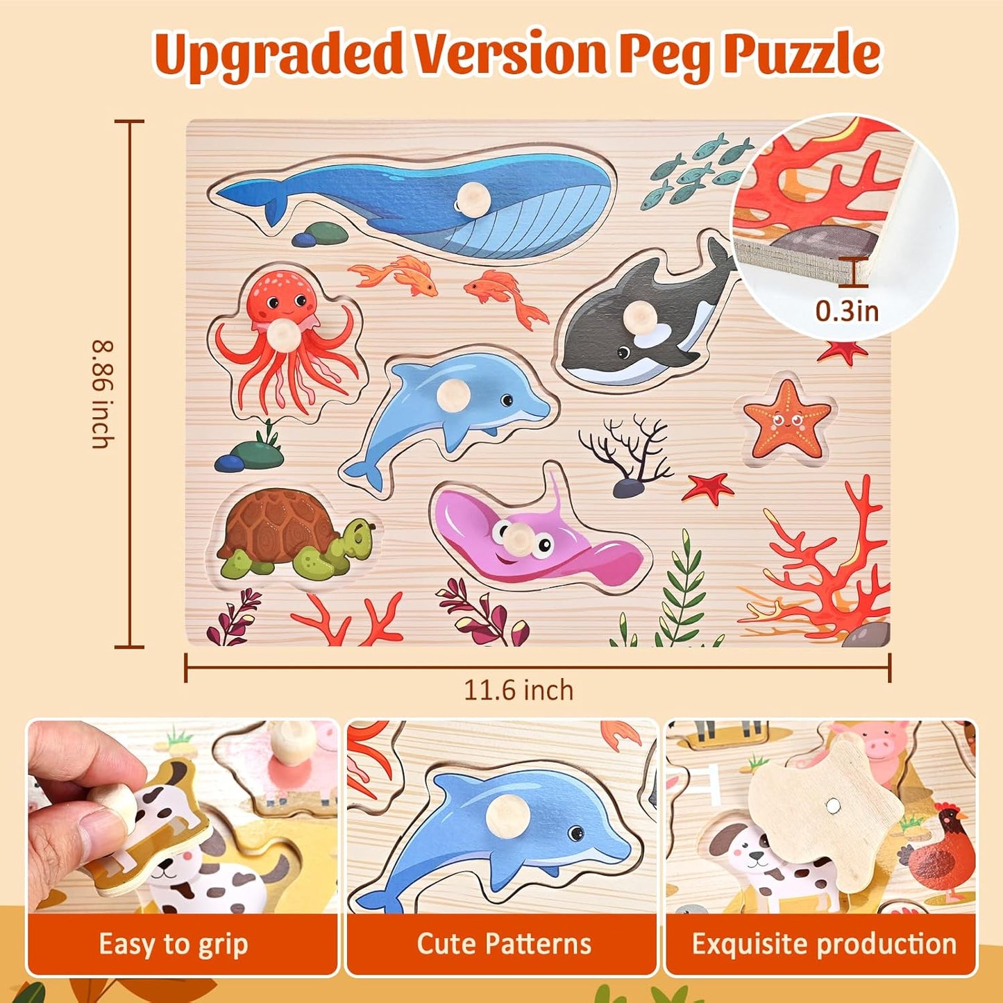 Wooden Peg Puzzles for Toddlers 1-3, 2 Pcs Montessori Puzzles, Animal & Sea Themes Puzzles, Great Preschool Educational Learning Gifts for Girls and Boys