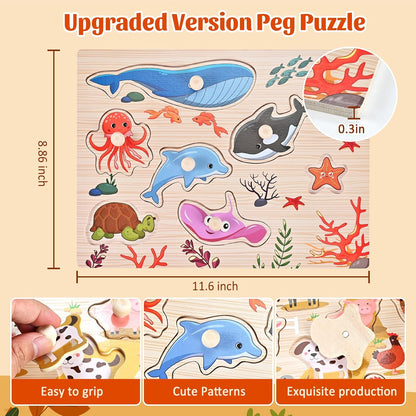 Wooden Peg Puzzles for Toddlers 1-3, 2 Pcs Montessori Puzzles, Animal & Sea Themes Puzzles, Great Preschool Educational Learning Gifts for Girls and Boys