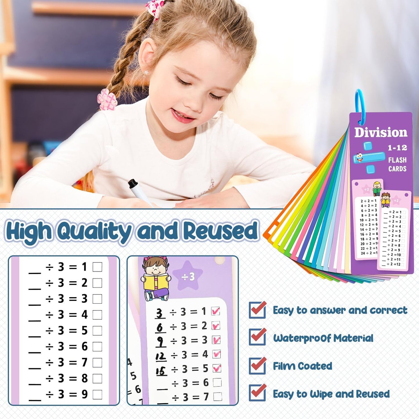 1-12 Multiplication Flash Cards, Large Math Table Flashcards, Including 15 Cards, 2 Dry Erase Markers, 1 Rings, Educational Times Table Flashcards for Classroom Home, for 1st to 3rd Grades