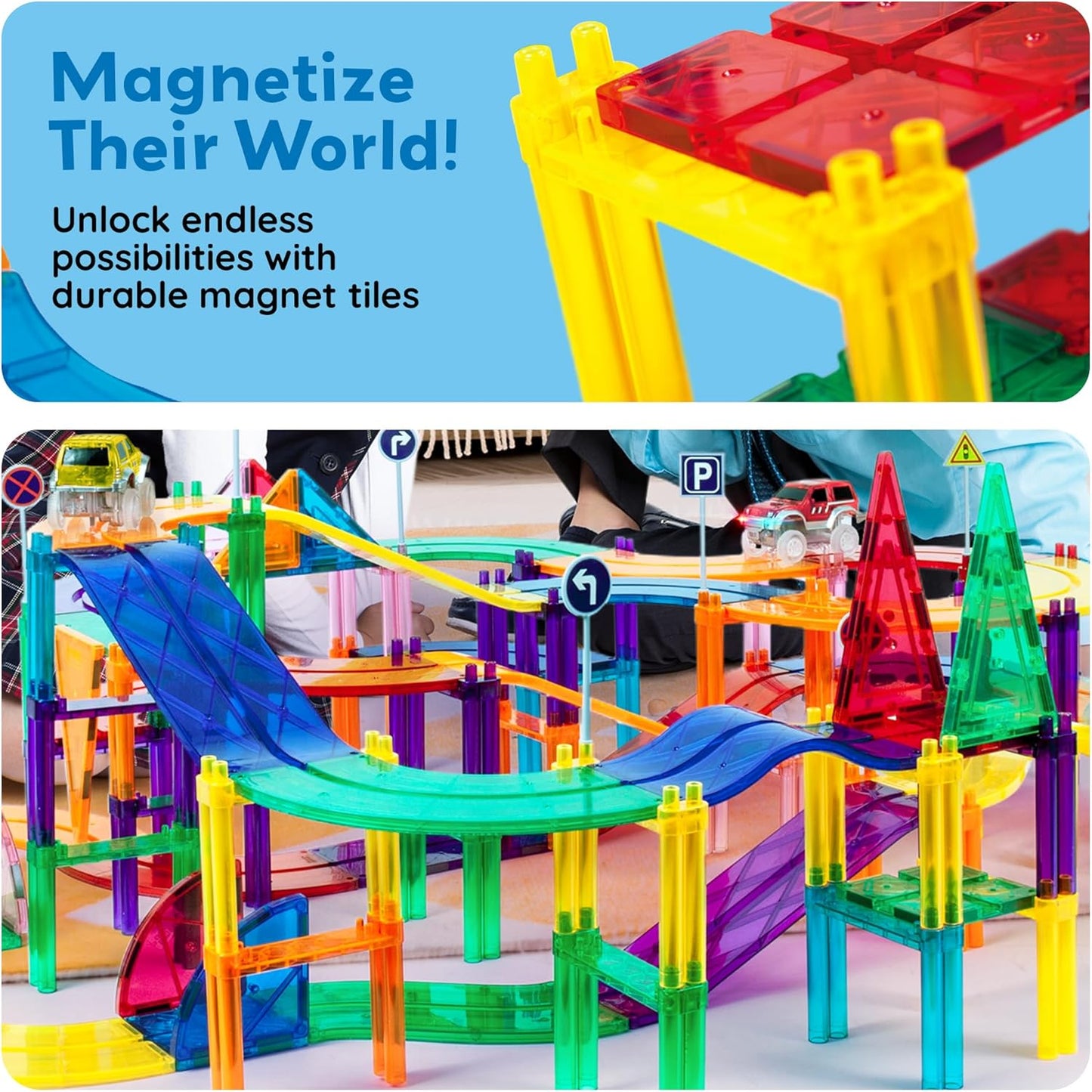 PicassoTiles 50pc Racecar Track Magnetic Tiles Educational Kids Toy with 2 Light Up Trucks STEM Preschool Learning Magnet Tile Toddler Toys Boys Girls Ages 3+ Blocks Game Puzzles Build Playset PTR50
