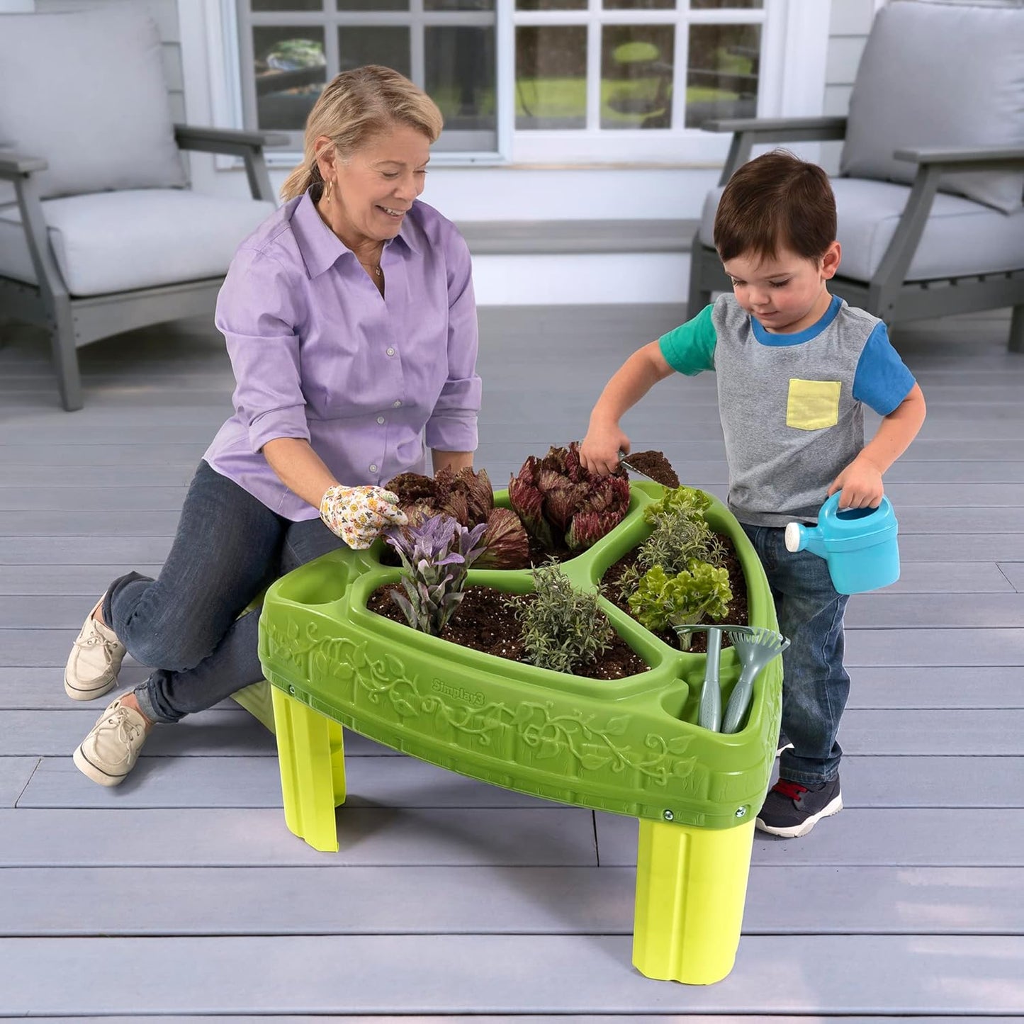 Simplay3 Seed to Sprout Raised Garden Planter, Kids Outdoor Kit with Garden Tools for Growing Flowers or Vegetables, Green, Made in USA