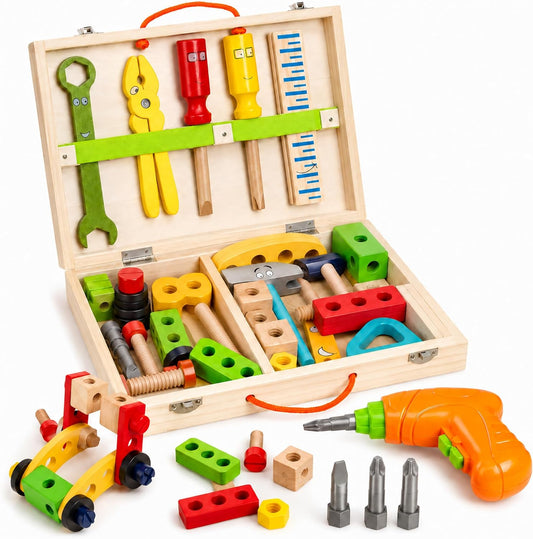Kids Tool Set with Drill, Montessori Toys for 2 3 4 5 6 Years Toddler Toys Kids Toys, 41 Pcs Wooden STEM Construction Learning Pretend Play Games, Birthday Gift for Boys Girls