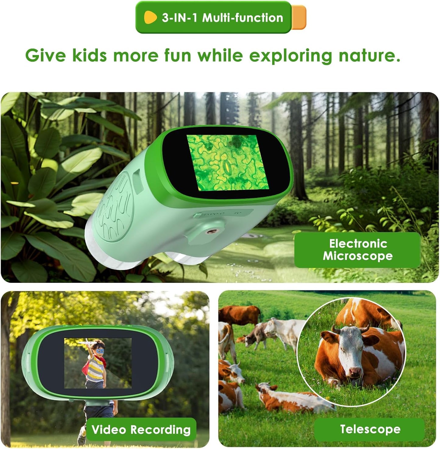 Digital Microscope for Kids, 3-in-1 2" IPS Screen Handheld Electronic Microscope Telescope Digital Camera, 800X Zoom, Taking Videos and Pictures, Adjustable LED Light, 32GB Card Included