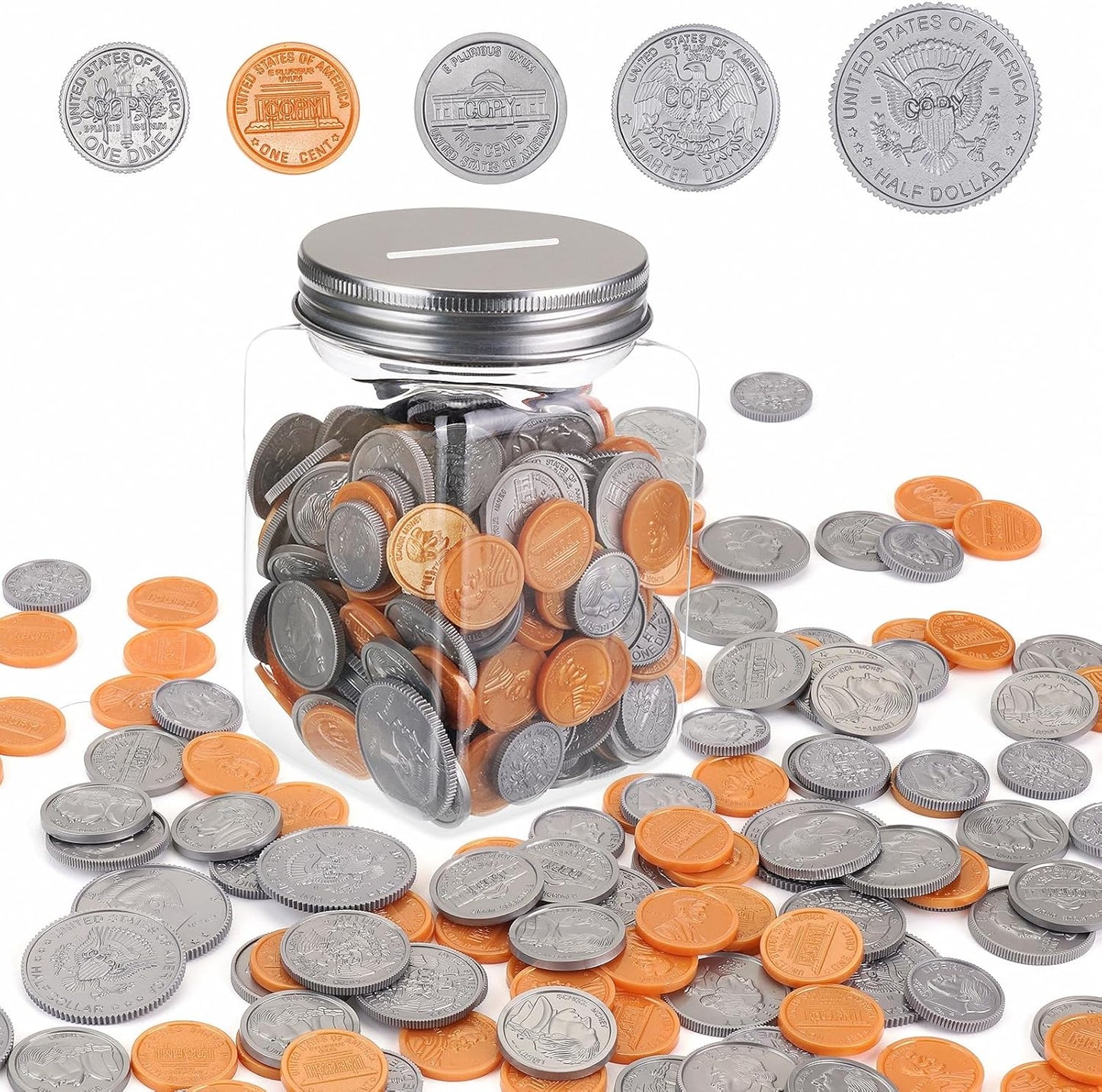 Play Money Coins for Kids, 250pcs Detailed Fake Money Coins with Coin Jar, Realistic Teaching Pretend Fake Money Coins Set, Plastic Toy Prop Fake Money Coins for Kids Learning Education