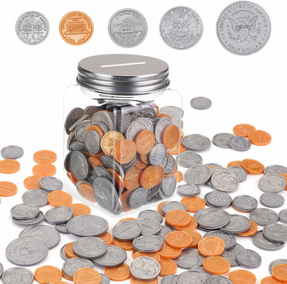 Play Money Coins for Kids, 250pcs Detailed Fake Money Coins with Coin Jar, Realistic Teaching Pretend Fake Money Coins Set, Plastic Toy Prop Fake Money Coins for Kids Learning Education