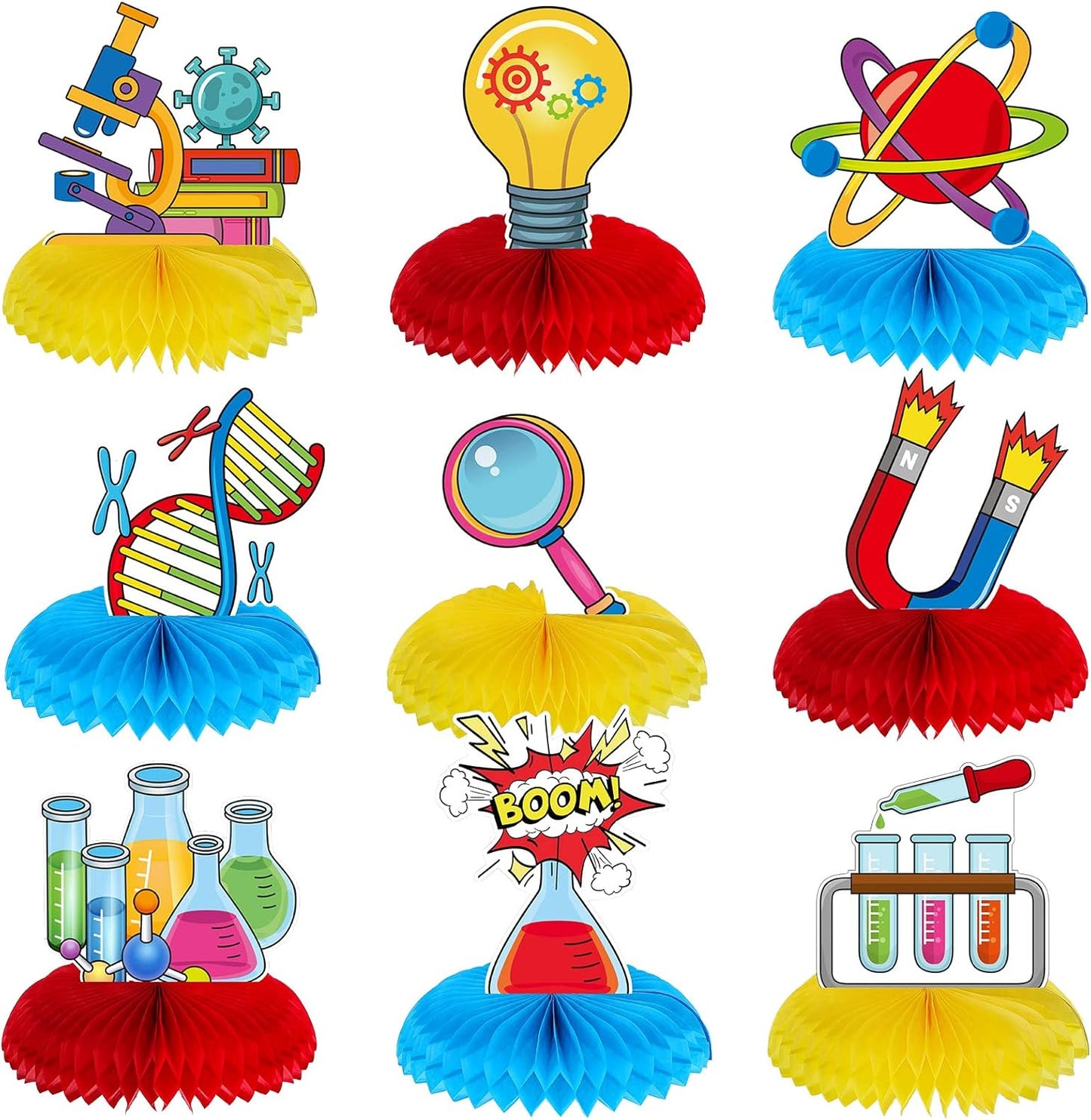Fainne 9 Pcs Science Party Decorations Science Lab Themed Honeycomb Centerpiece Table Toppers for Kids Scientist Laboratory Party