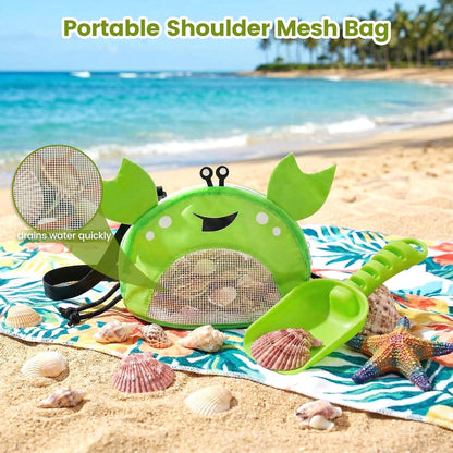 AMOR PRESENT Mesh Baby Beach Bag, Shell Collecting Bag with Shovel Crab-Shaped Adjustable Strap for Holding Shell Sea Pool Sand Toy, Blue