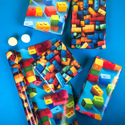 Dtiafu Reversible Building Blocks Wrapping paper Roll for Kids Boys Girls - Boys Birthday Bricks Design Gift Wrap Sheets for Baby Shower Party Craft Supplies(Total 28.5sq.ft)