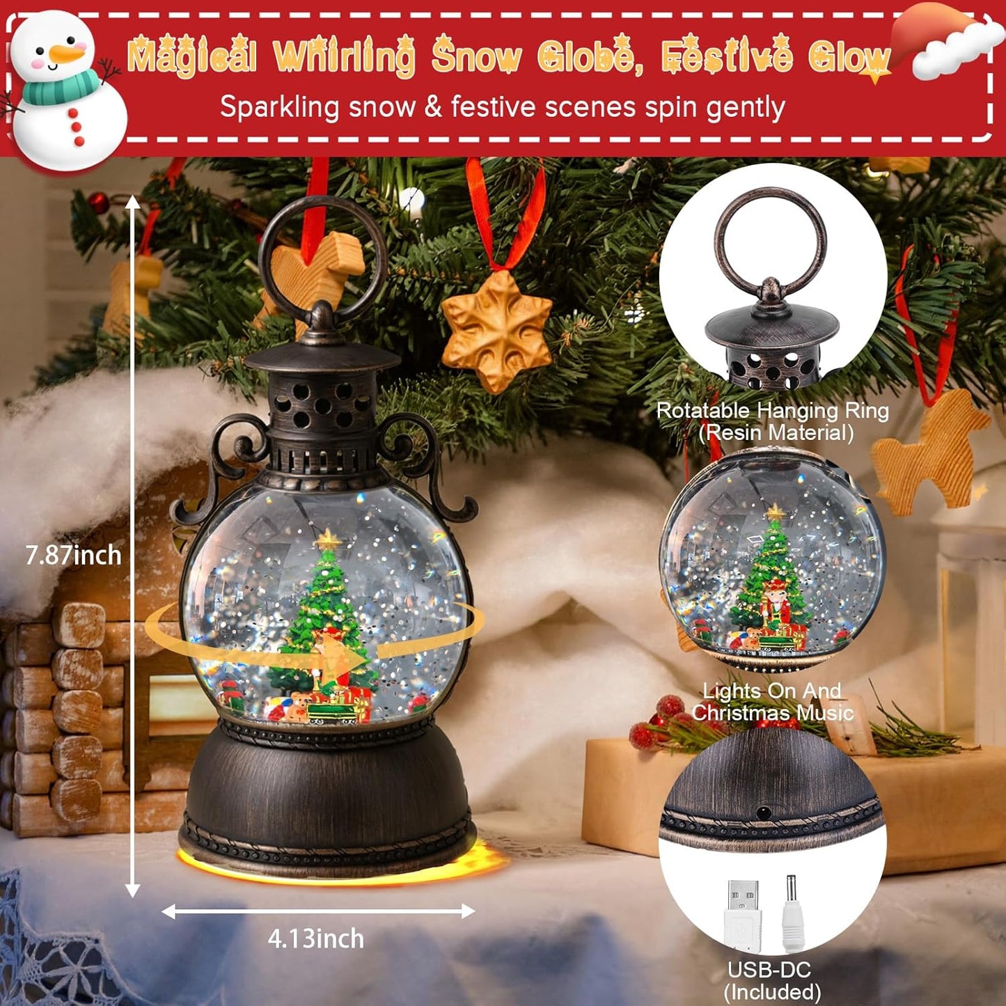 2026 Christmas Tree Train Lighted Musical Snow Globe Lantern Glittering Water Swirling Snowfall Singing Light up Decorative Holiday Decoration, 6H Timer, USB/Battery Operated, Home Décor Accent Gift