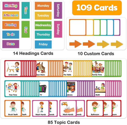 Godery Large Visual Schedule for Kids Chore Reward Chart,Bedtime Routine Chart for Toddlers,Double Side Weekly Planner Board with 109 Cards for Home School Planner,Autism Learning Materials.