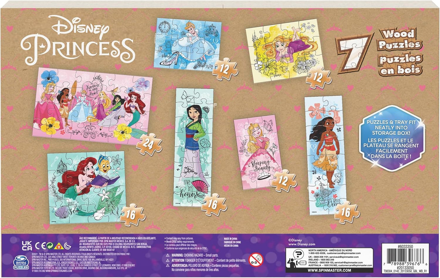 Spin Master Games, Disney Princess Puzzles, 7-Pack, Jigsaw Kids Puzzles, 12, 16, & 24 Pieces, Featuring Ariel, Tiana, Rapunzel, Pocahontas, Storage Tray, for Ages 4 & Up