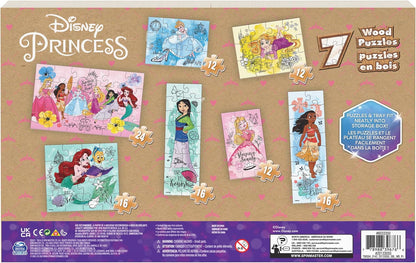Spin Master Games, Disney Princess Puzzles, 7-Pack, Jigsaw Kids Puzzles, 12, 16, & 24 Pieces, Featuring Ariel, Tiana, Rapunzel, Pocahontas, Storage Tray, for Ages 4 & Up