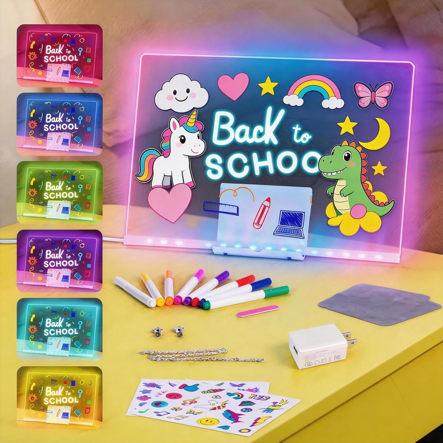 LED Drawing Board, 14'' Acrylic Note Board with Colors, Include LED Light Up Writing Pad 4 Modes & 7 Colors, 8 Markers, Stand, Hanging Chain, 2 Gel Clings, Holiday Gift