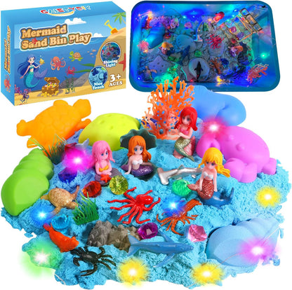GAIETYDIY Mermaid Sensory Bin for Girl, Magic Sand Art Kit with LED Light, 2.2lbs Sensory Sand, Ocean Sea Animals, Sand Box with lid, Mermaid Toy Christmas Birthday Gift for Girls Ages 3 4 5 6 7 8…