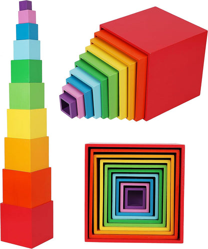 TOWO Wooden Stacking Boxes-Nesting and Sorting Cups Numbers Alphabet Animals Blocks for Toddlers-Stacking Cubes Educational Toys for 2 Years Old Montessori Materials