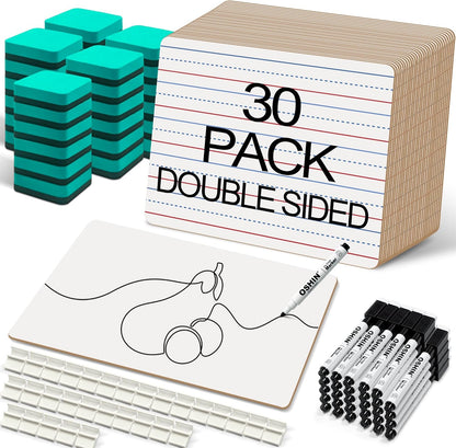 30 Pack Small White Boards, 9"x12" Double Sided Personal Dry Erase Boards Portable Handheld Whiteboards with Lines for Kids, Students, Teacher School, Include 30 Markers, 30 Erasers