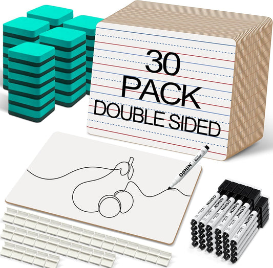 30 Pack Small White Boards, 9"x12" Double Sided Personal Dry Erase Boards Portable Handheld Whiteboards with Lines for Kids, Students, Teacher School, Include 30 Markers, 30 Erasers