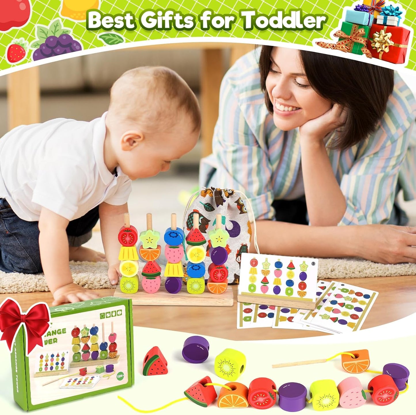 Montessori Wooden Beads Stacking Toys: 2 3 4 Year Old Boys Girls Birthday Gifts - Toddler Sequence Game & Sorting Blocks & Lacing & Matching Shape - Preschool Learning Activities for 2-5 Years Kids