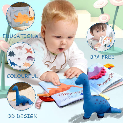 Richgv Baby Books Toys 0-6-12 Months, Baby Boy Gifts Touch and Feel Crinkle Books with Dino Doll, Newborn Infant Carseat Toys 6-9-12 Months Shower Gifts Easter Basket Stuffers