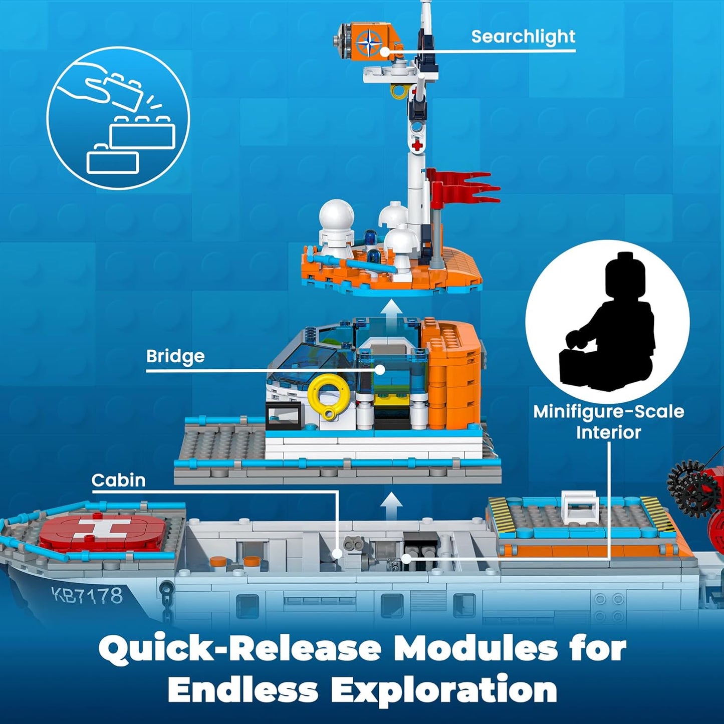 City Boat Building Set with LED Lights, Arctic Explorer Ship Toy Gift for 8 Year Old Boys and Girls, with Helicopter, Drone, Speedboat, Submersible, Iceberg, and Polar Bears