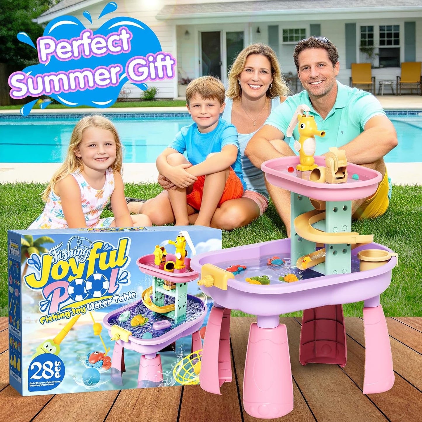 Toddler Water Table for Kids - Sand and Water Table with 28PCS Toy Accessories & Rain Shower Sprinkler, Outdoor Sensory Water Play Table, STEM Toy Summer Gift for Boys Girls Ages 3-8