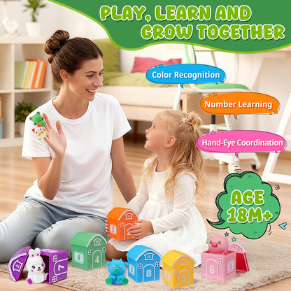 Montessori Toys for Toddlers 1 2 3 Years Old, Farm Animal Train Set with Counting Matching Sorting Activities 9 Barns, 10 Finger Puppets, 2 Stickers-Learning Toys for Baby Boys Girls, Preschool Gift