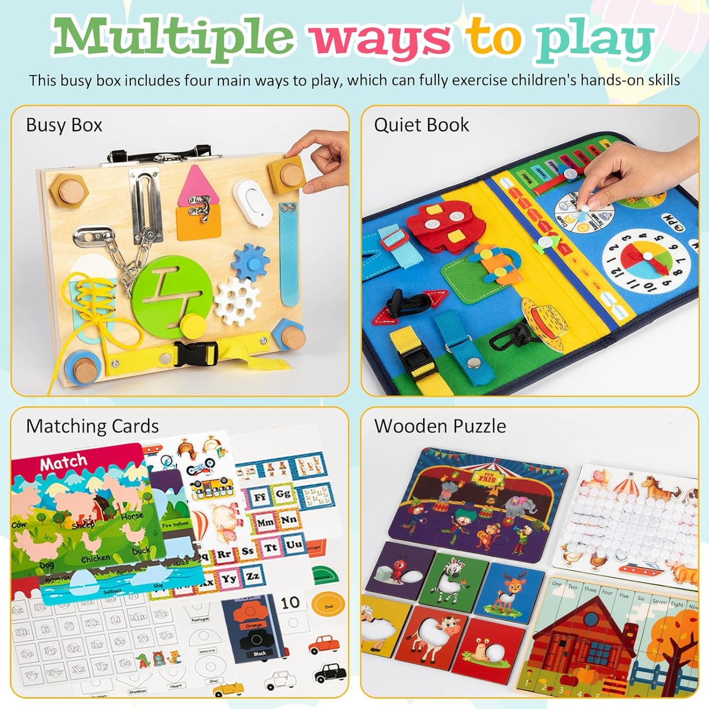 Adena Montessori Busy Board Box for Toddlers 2-4, 6 in 1 Montessori Toys for 1 Year Old with Drawing Board, Quiet Book, Puzzles, Sensory Toys for Fine Motor Skills, Learning Toys for Travel