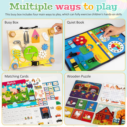 Adena Montessori Busy Board Box for Toddlers 2-4, 6 in 1 Montessori Toys for 1 Year Old with Drawing Board, Quiet Book, Puzzles, Sensory Toys for Fine Motor Skills, Learning Toys for Travel