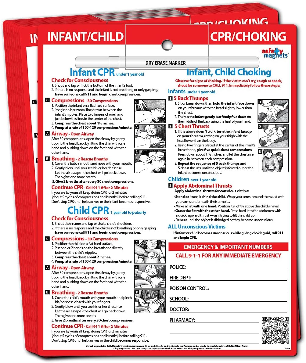 Safety Magnets by ZOCO – Infant and Child CPR & Choking Magnet – Laminated 8.5"x11" Emergency Numbers Fridge Card – First Aid Heimlich Maneuver for Parents, Caregivers, Daycare, Babysitters