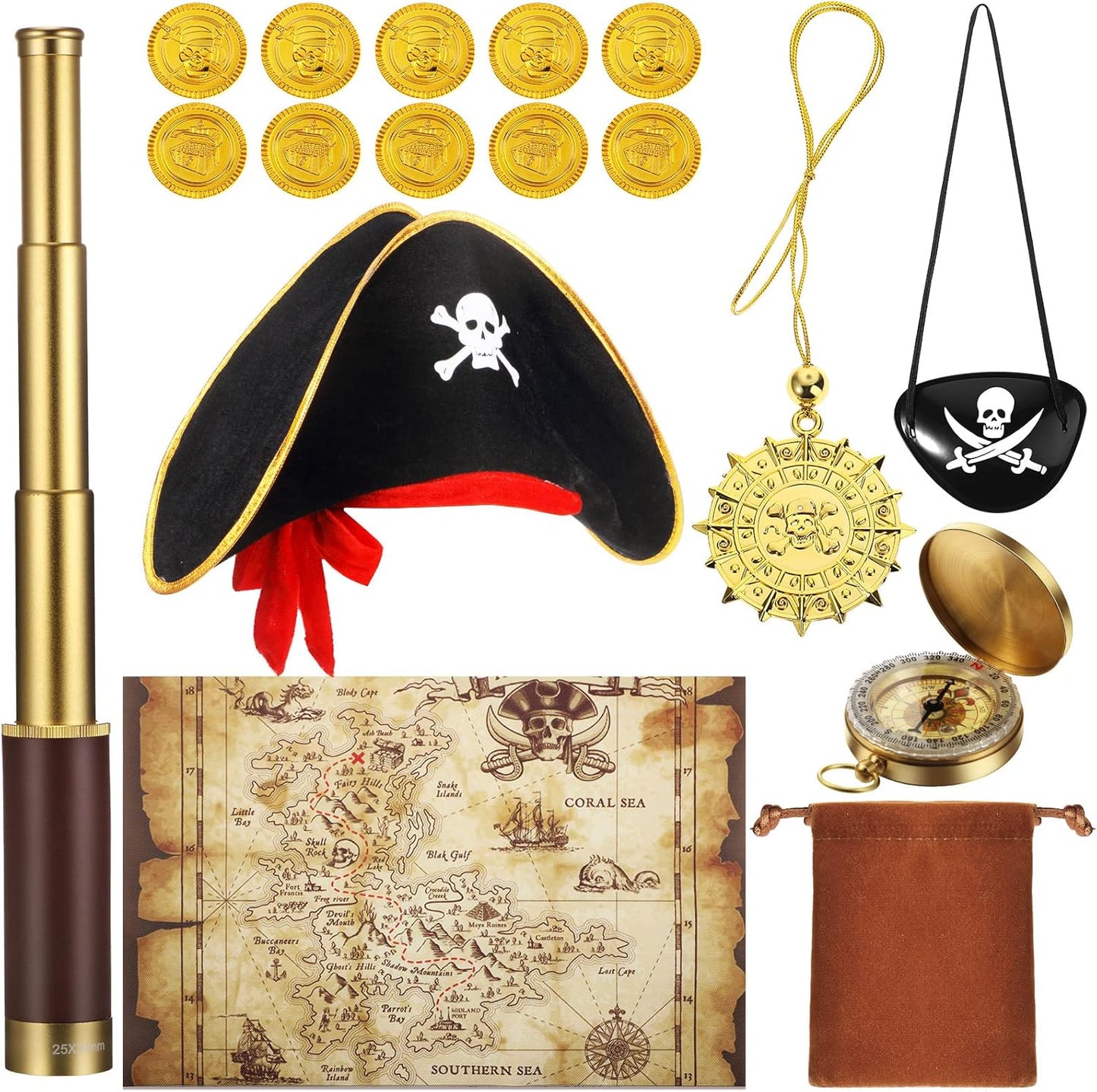 17 Piece Pirate Monocular Telescope Pirate Treasure Map Eye Patch Hat Pocket Compass Necklace Plastic Coins with Velvet Bag for Party Supplies