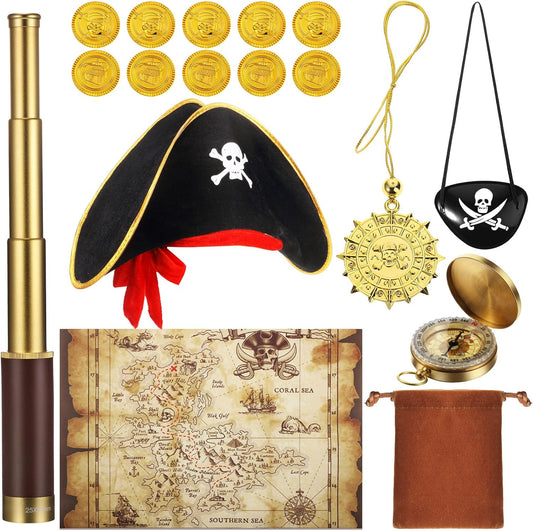 17 Piece Pirate Monocular Telescope Pirate Treasure Map Eye Patch Hat Pocket Compass Necklace Plastic Coins with Velvet Bag for Party Supplies