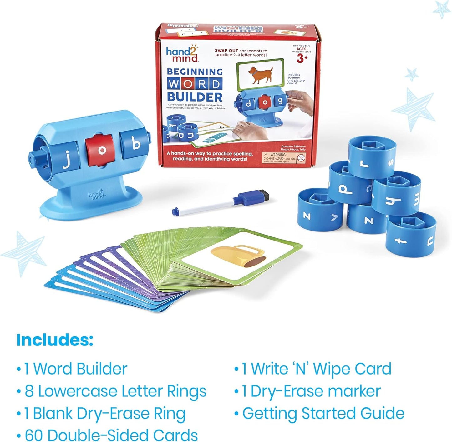 hand2mind Beginning Word Builder, CVC Word Games, Spelling Toys for Kids 3-5, Learning How to Read, Sight Words Flash Cards, Kindergarten Learning Activities, Science of Reading Manipulatives
